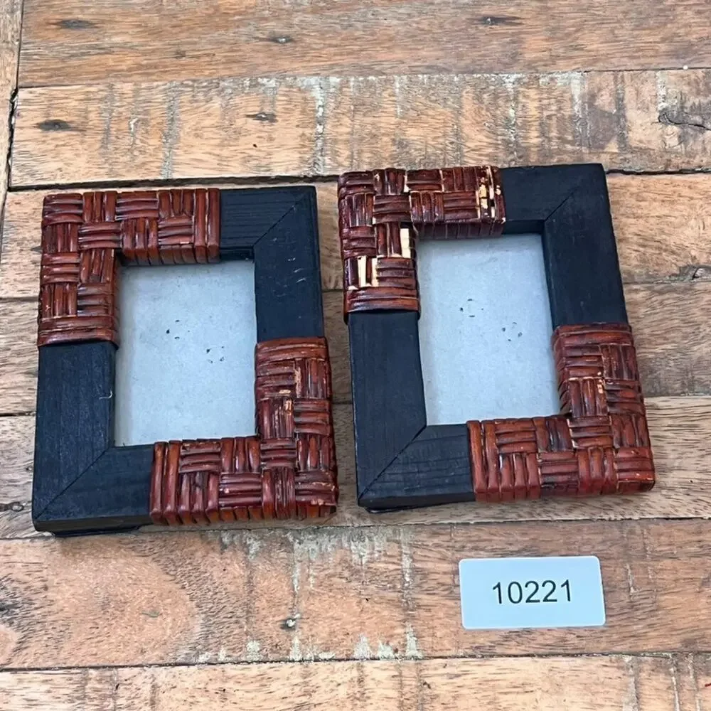 Vintage Dark Walnut Wood Woven Rattan Picture Frames 3x2